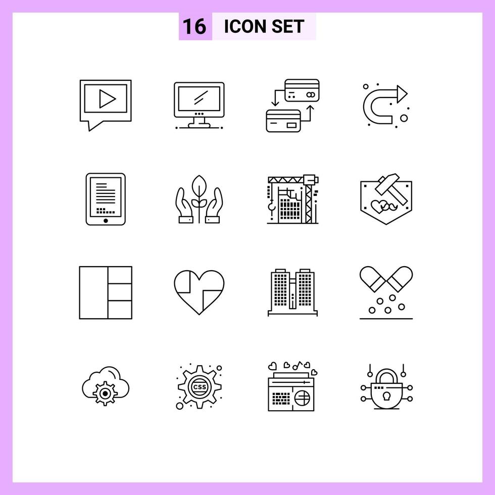 16 User Interface Outline Pack of modern Signs and Symbols of coding right card u turn arrow Editable Vector Design Elements