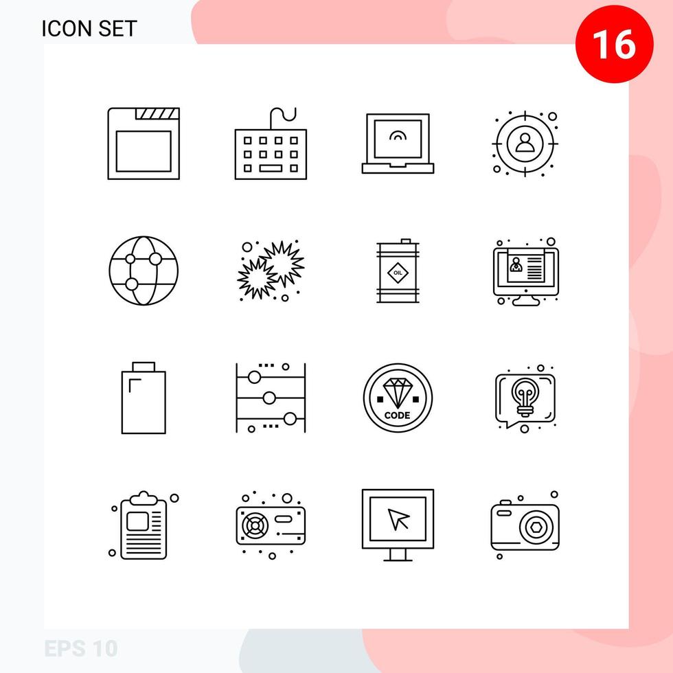 Editable Vector Line Pack of 16 Simple Outlines of technology global laptop business man Editable Vector Design Elements