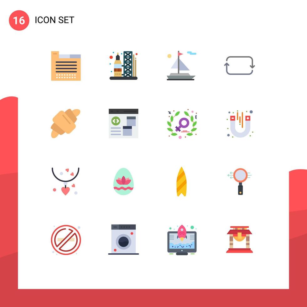 conjunto moderno de 16 colores planos pictograma de croissant de alimentos juegos de playa paquete editable frontal de elementos creativos de diseño de vectores