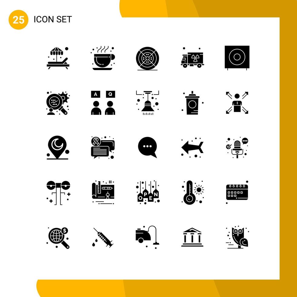 Pack of 25 creative Solid Glyphs of subwoofer electronics printing devices truck Editable Vector Design Elements