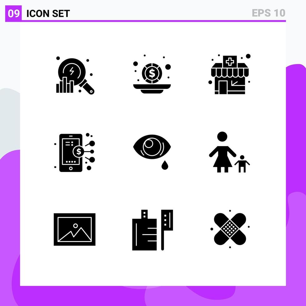 paquete de 9 glifos sólidos creativos de elementos de diseño de vectores editables para compartir negocios