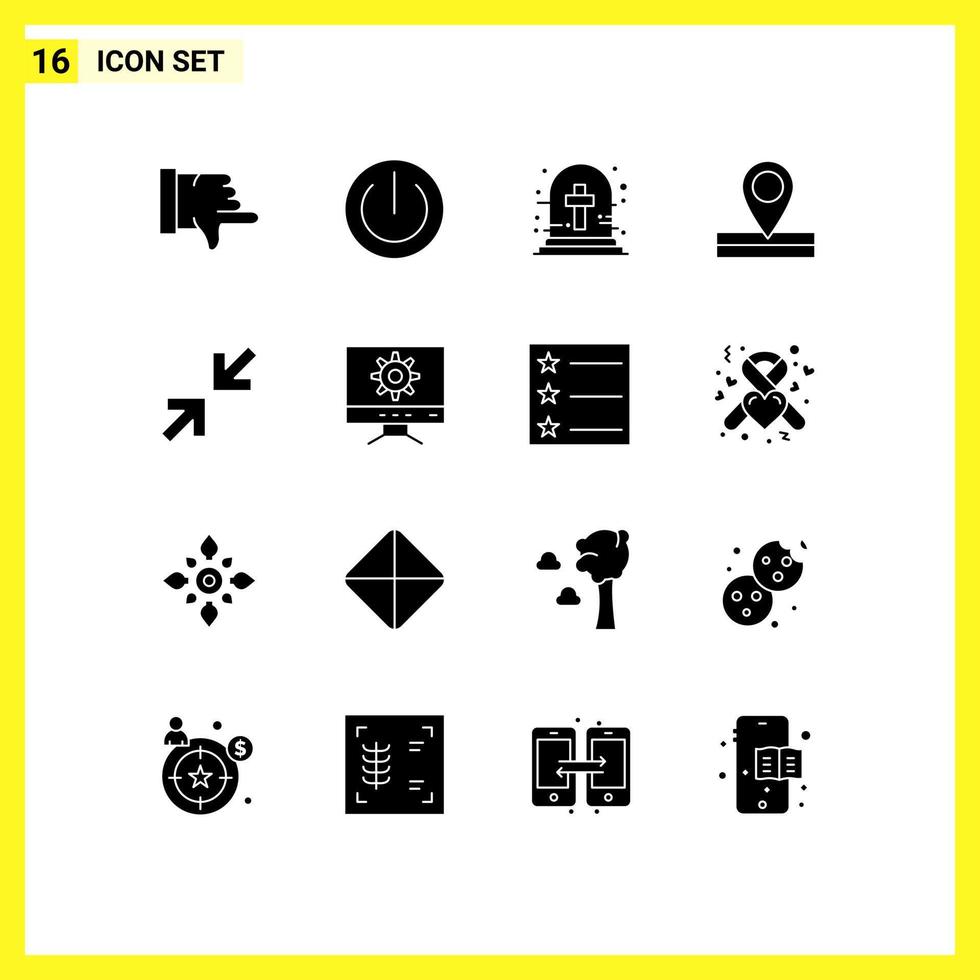 Modern Set of 16 Solid Glyphs Pictograph of zoom arrows graveyard cross place map Editable Vector Design Elements