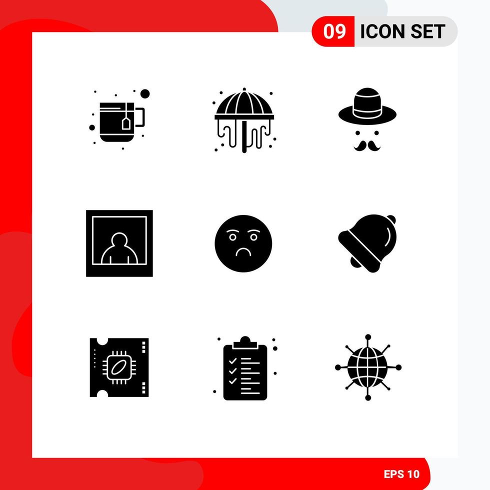 Set of 9 Modern UI Icons Symbols Signs for bell sad day feeling emoji Editable Vector Design Elements