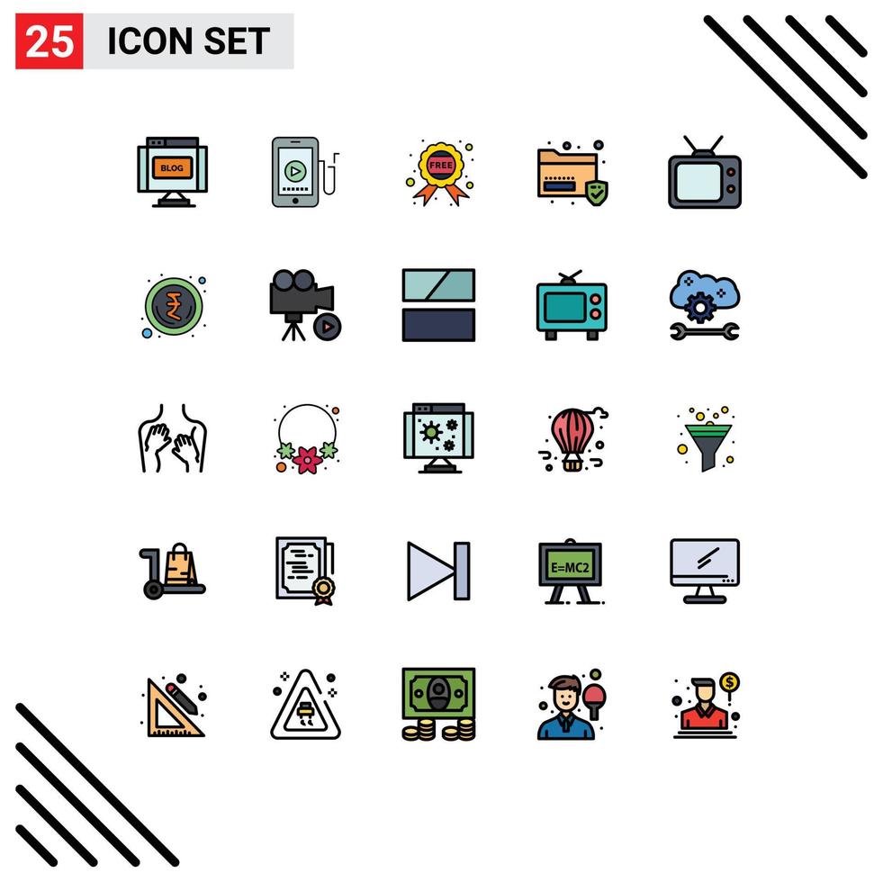 Modern Set of 25 Filled line Flat Colors and symbols such as watch television badge security folder Editable Vector Design Elements