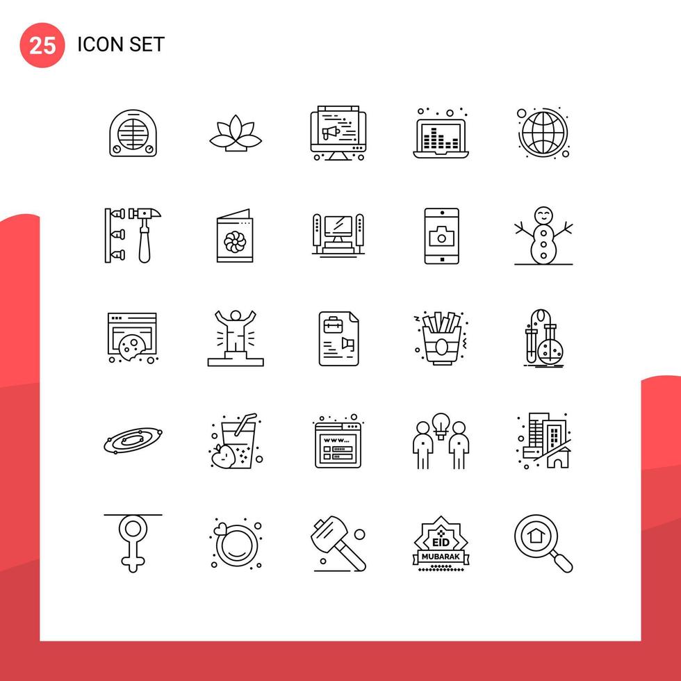 25 Universal Lines Set for Web and Mobile Applications plan global computer sound waves sound bars Editable Vector Design Elements
