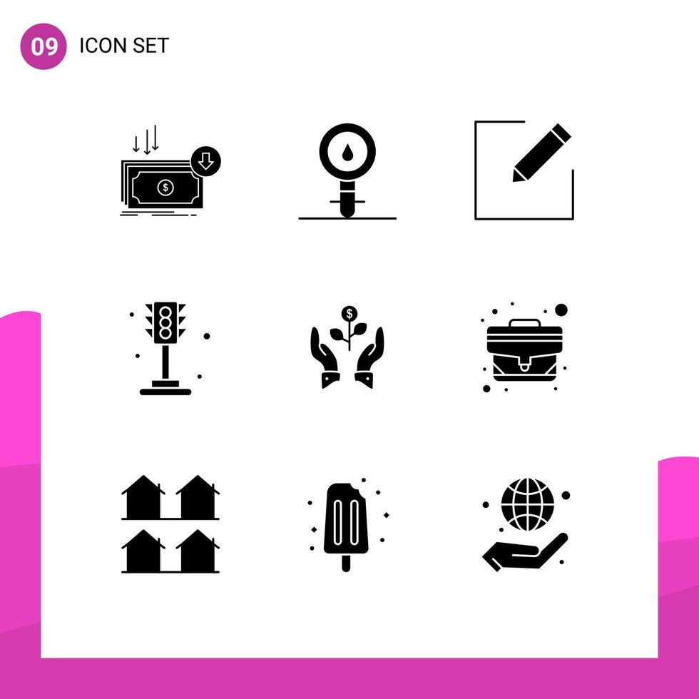 Universal Icon Symbols Group of 9 Modern Solid Glyphs of light life cell city edit Editable Vector Design Elements