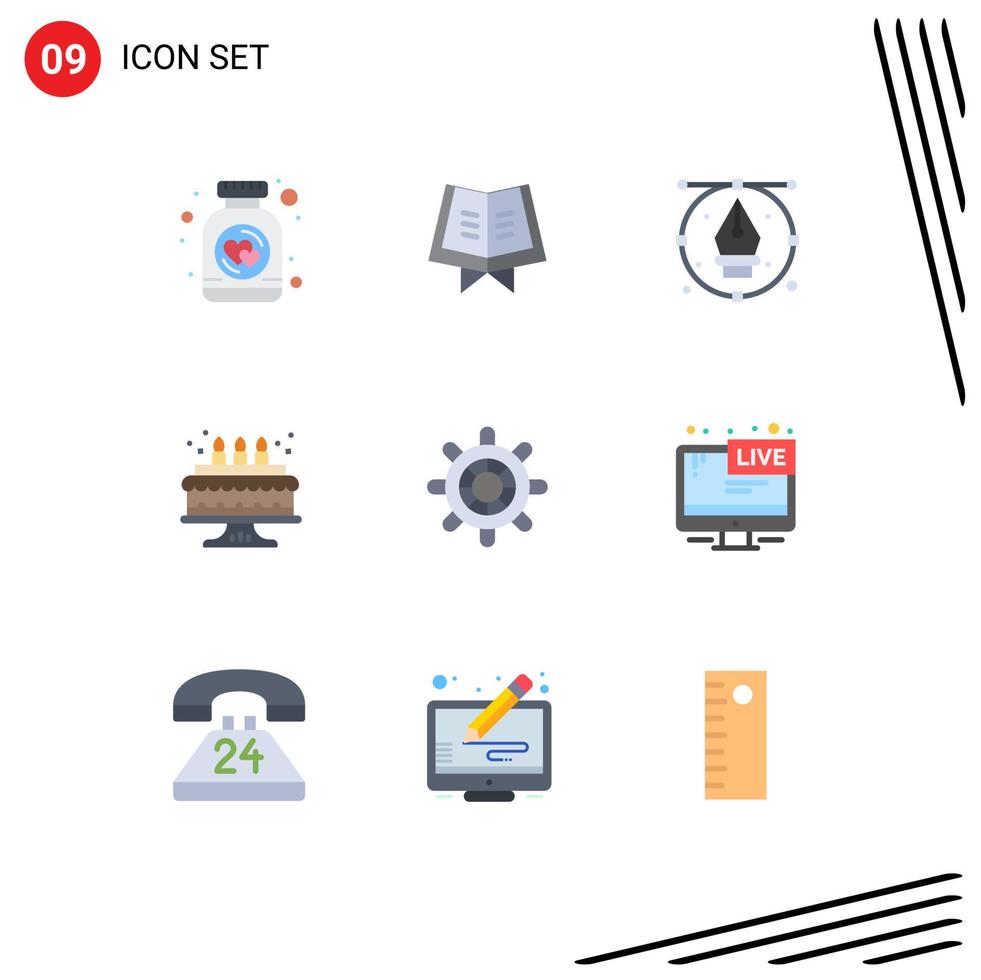 Flat Color Pack of 9 Universal Symbols of wheel boat design candle birthday Editable Vector Design Elements