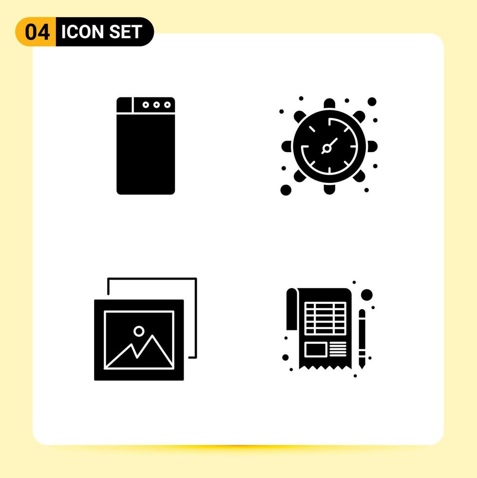 paquete de 4 signos y símbolos de glifos sólidos modernos para medios de impresión web, como elementos de diseño de vectores editables de pago de álbum de configuración de contabilidad de máquina