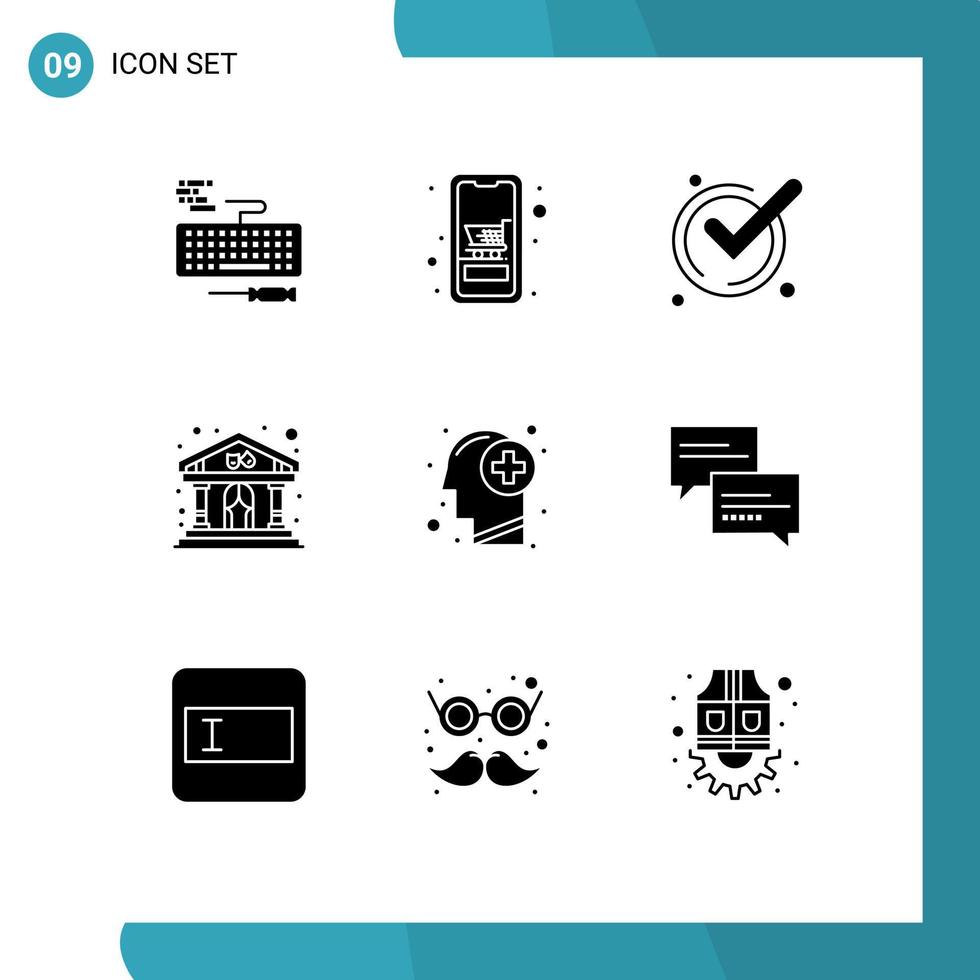 Group of 9 Solid Glyphs Signs and Symbols for head theater online show acknowledge Editable Vector Design Elements