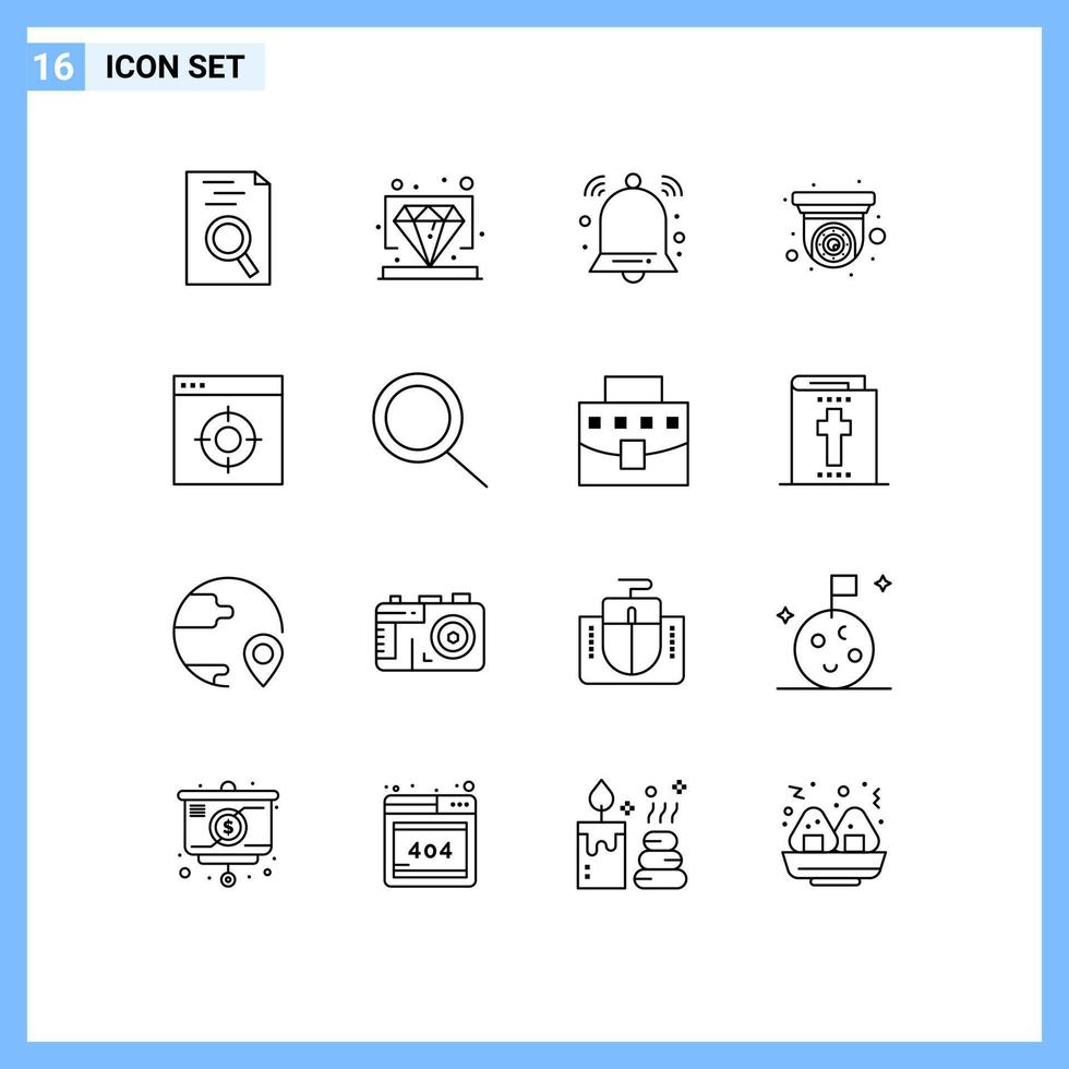Pack of 16 Modern Outlines Signs and Symbols for Web Print Media such as office application bell security camera cctv Editable Vector Design Elements