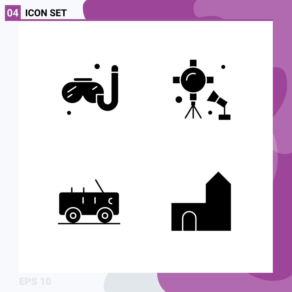 4 Universal Solid Glyph Signs Symbols of swimming jeep illumination studio lightning castle Editable Vector Design Elements