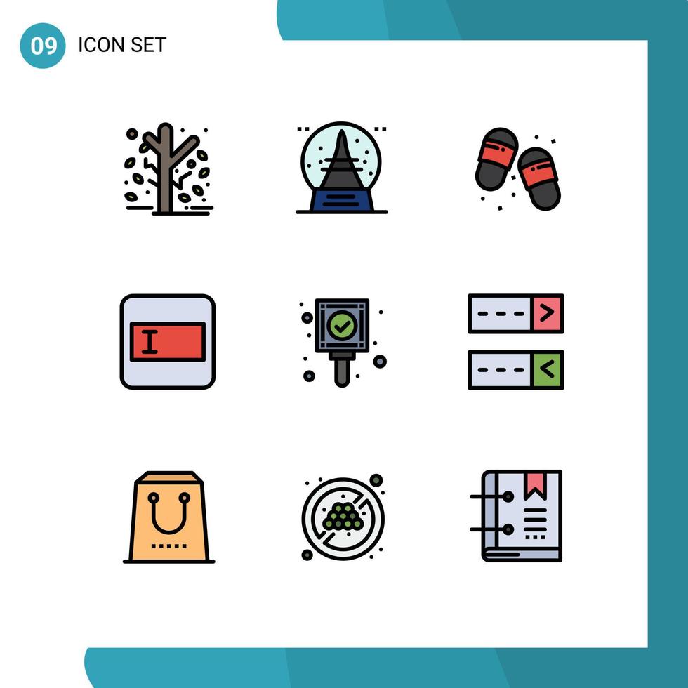 Universal Icon Symbols Group of 9 Modern Filledline Flat Colors of mark text field vacation layout slippers Editable Vector Design Elements