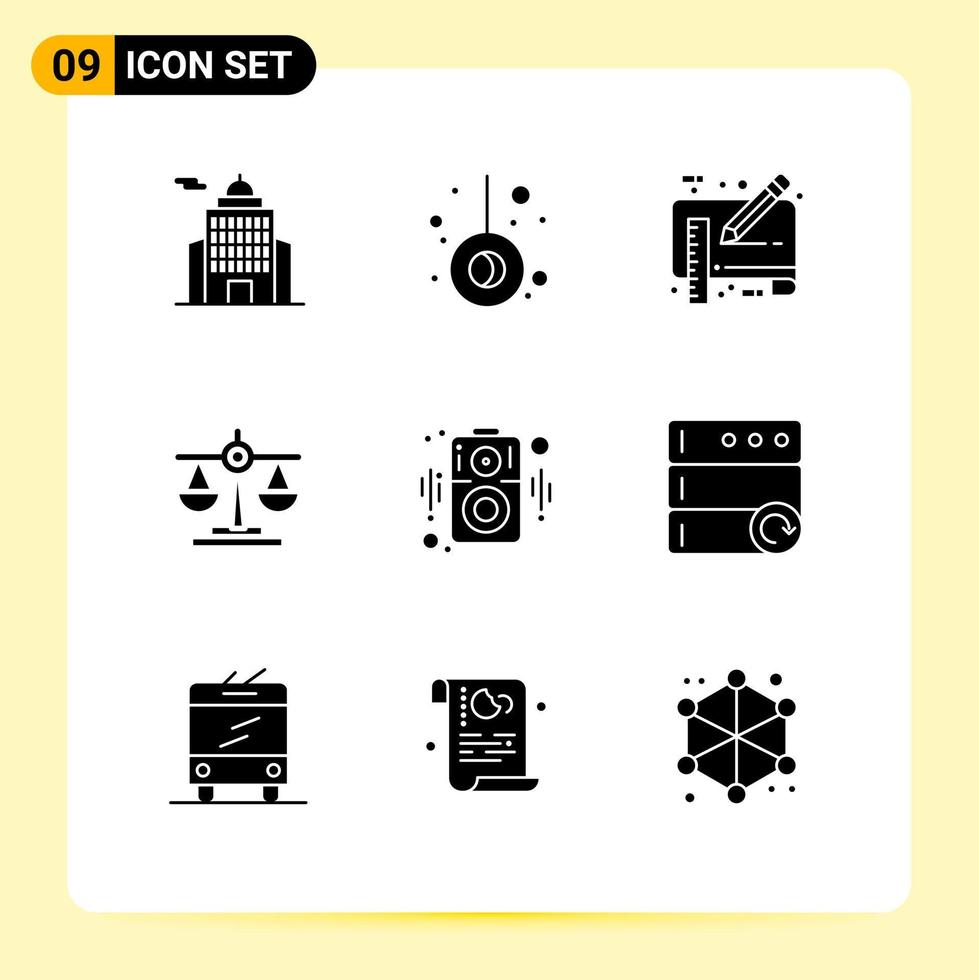Modern Set of 9 Solid Glyphs and symbols such as loudspeaker scale document law balance Editable Vector Design Elements