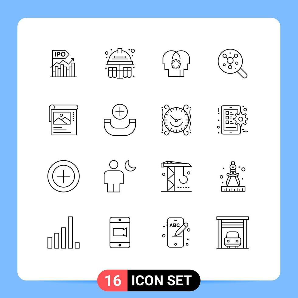 Set of 16 Commercial Outlines pack for science atom chemical search mind Editable Vector Design Elements