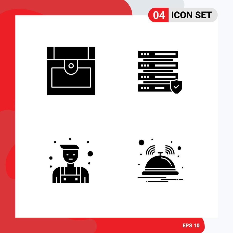 Mobile Interface Solid Glyph Set of 4 Pictograms of chest bell data handyman notification Editable Vector Design Elements