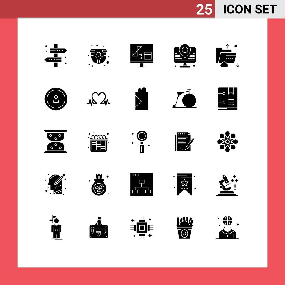 Set of 25 Vector Solid Glyphs on Grid for location development childhood development computer Editable Vector Design Elements