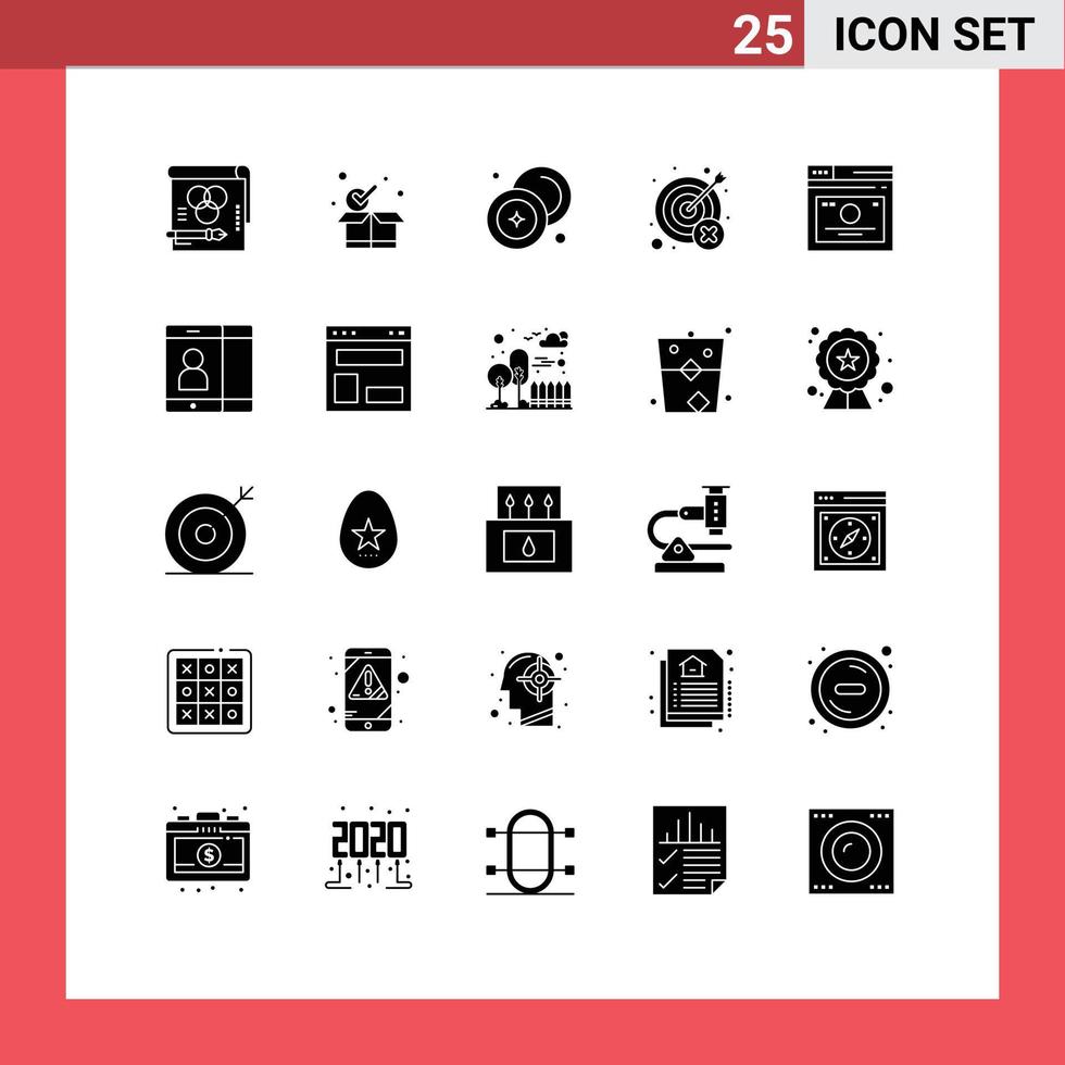25 Solid Glyph concept for Websites Mobile and Apps target miss box fail currency Editable Vector Design Elements
