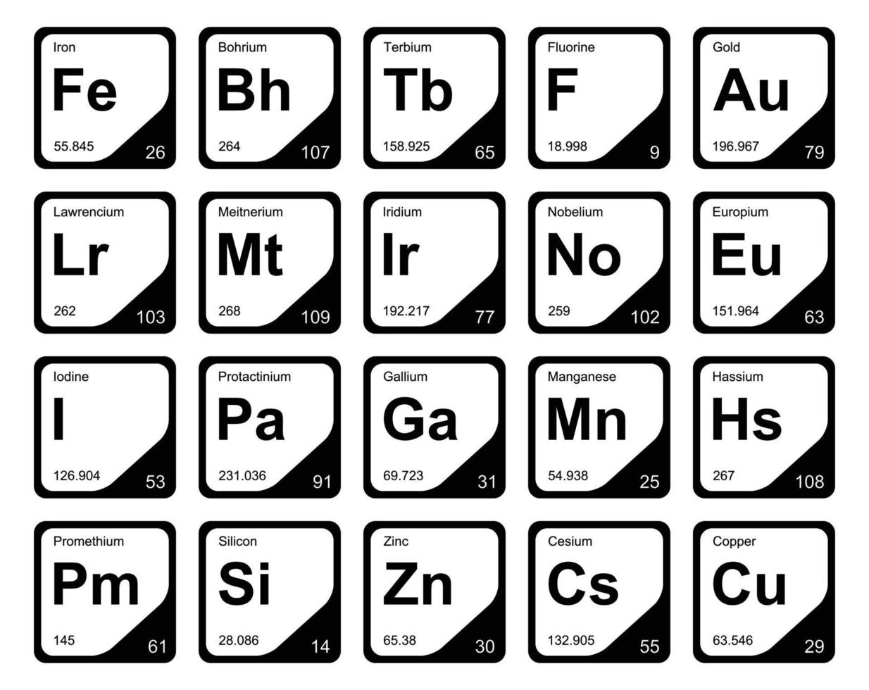 diseño de paquete de iconos de 20 tablas preiodicas de los elementos vector