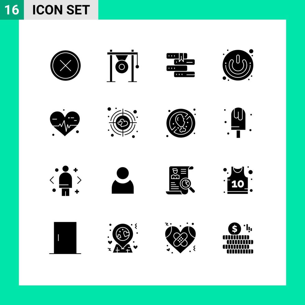 Pack of 16 Modern Solid Glyphs Signs and Symbols for Web Print Media such as shutdown power music on off library Editable Vector Design Elements