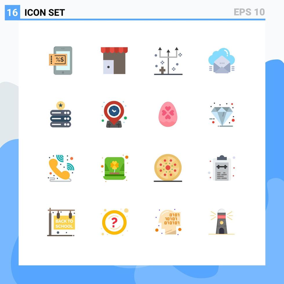 paquete de 16 signos y símbolos modernos de colores planos para medios de impresión web, como mensajes de correo electrónico, correo electrónico, tridente, paquete editable de elementos creativos de diseño de vectores