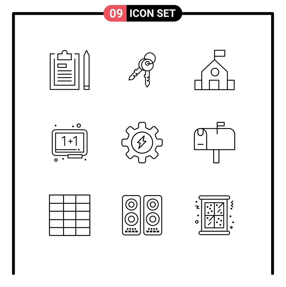 conjunto moderno de 9 contornos y símbolos, como borrador de pizarra, educación en el hogar, ciencia, elementos de diseño vectorial editables vector