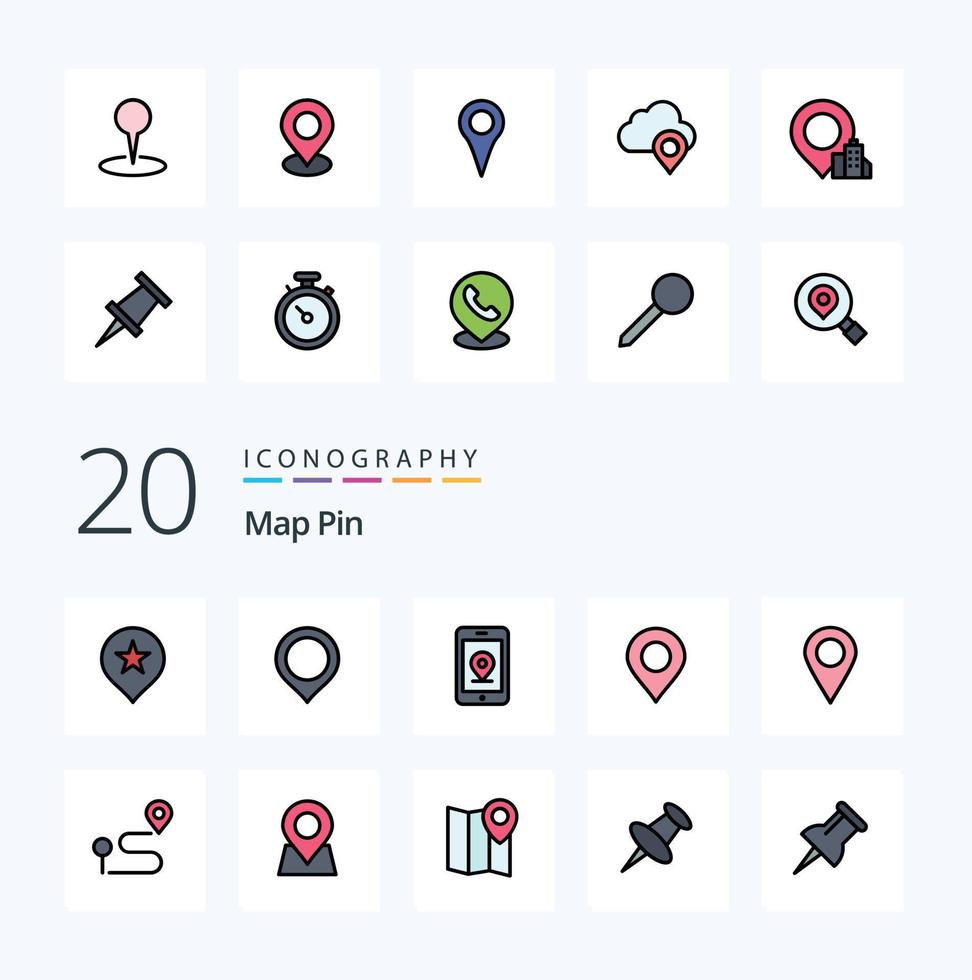 Paquete de iconos de color lleno de línea de pin de 20 mapas como navegación de ubicación pin de mapa de internet vector