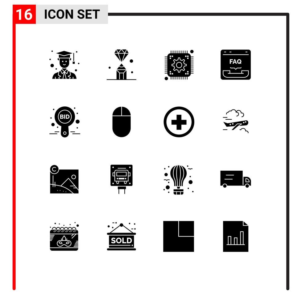 Set of 16 Modern UI Icons Symbols Signs for bid faq chip contact browser Editable Vector Design Elements