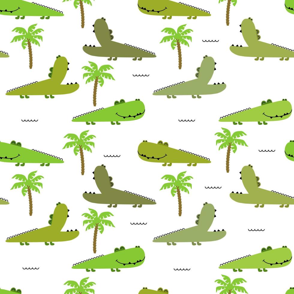 Seamless pattern with funny crocodiles and palmss. Childish background. Vector cute animal background