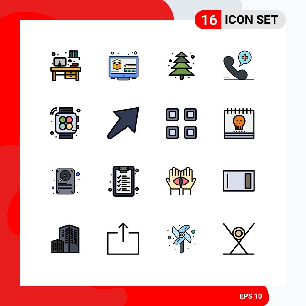 Pack of 16 Modern Flat Color Filled Lines Signs and Symbols for Web Print Media such as arrow watch tree handwatch medical Editable Creative Vector Design Elements