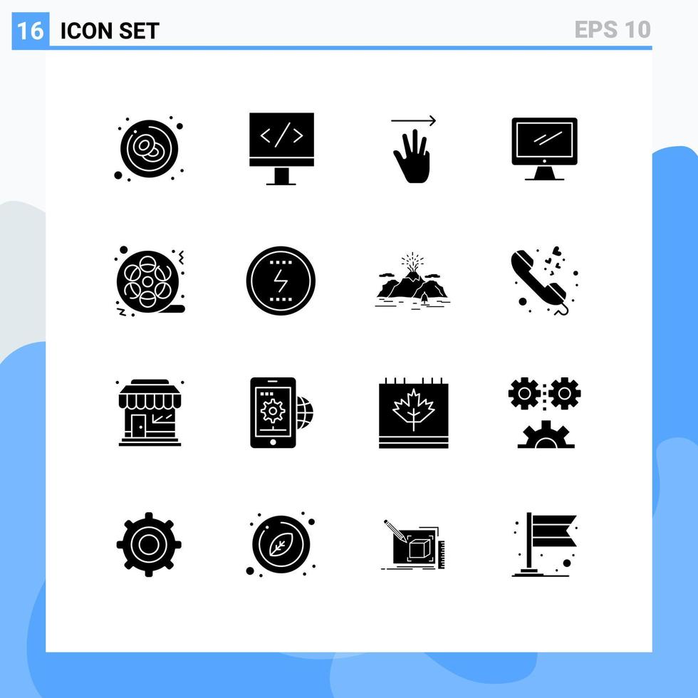 16 Universal Solid Glyphs Set for Web and Mobile Applications film imac hand device computer Editable Vector Design Elements