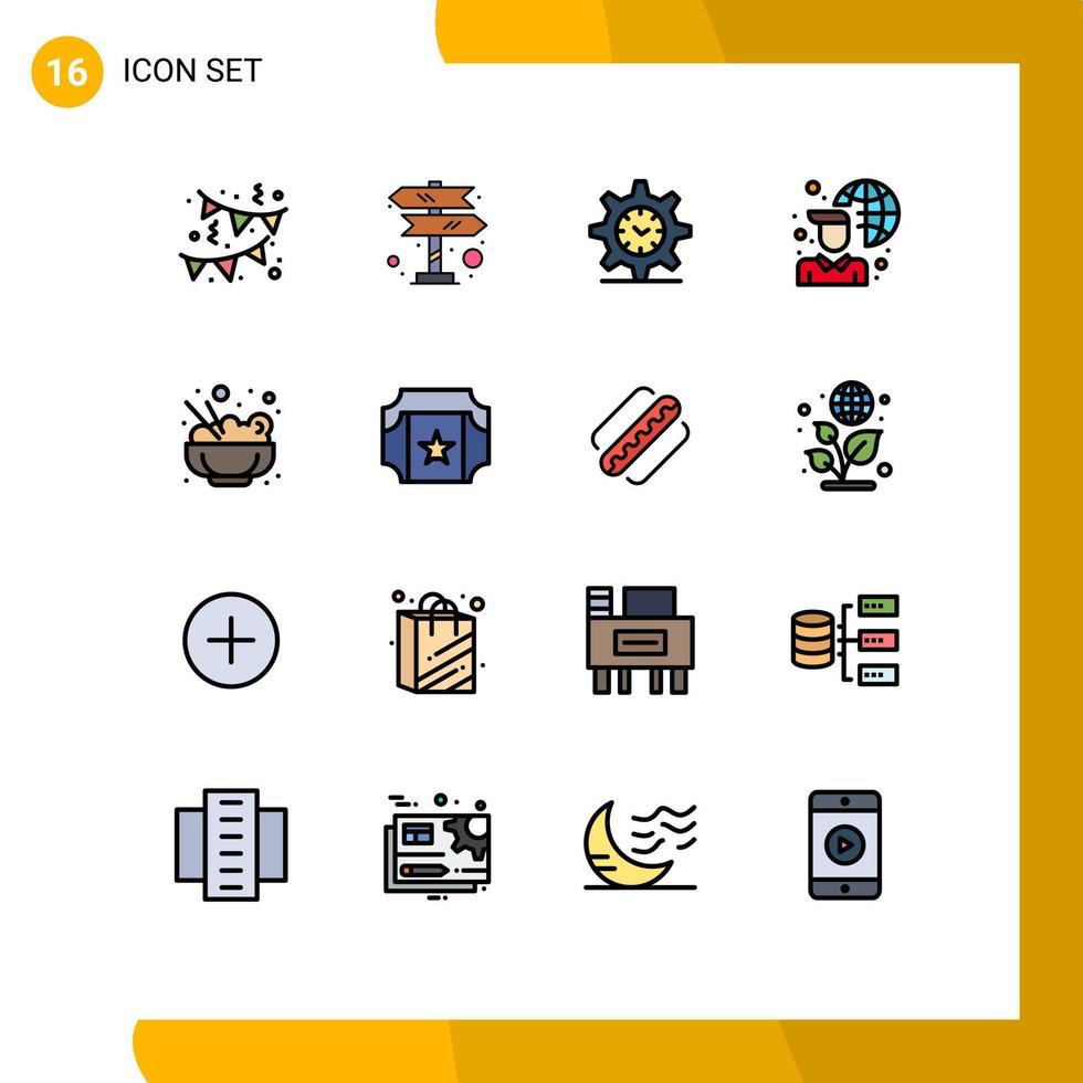 Pack of 16 Modern Flat Color Filled Lines Signs and Symbols for Web Print Media such as rice chinese setting network internet connectivity Editable Creative Vector Design Elements