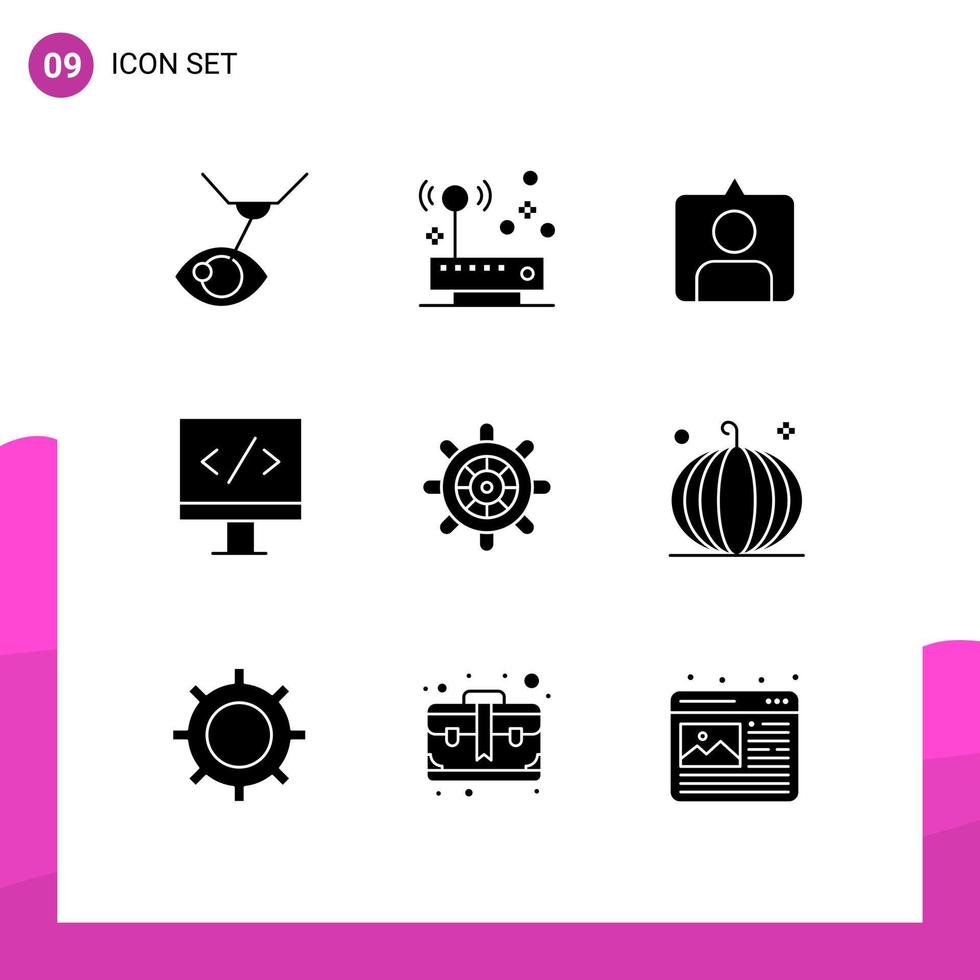 9 Thematic Vector Solid Glyphs and Editable Symbols of cornucopia ship contac boat monitor Editable Vector Design Elements