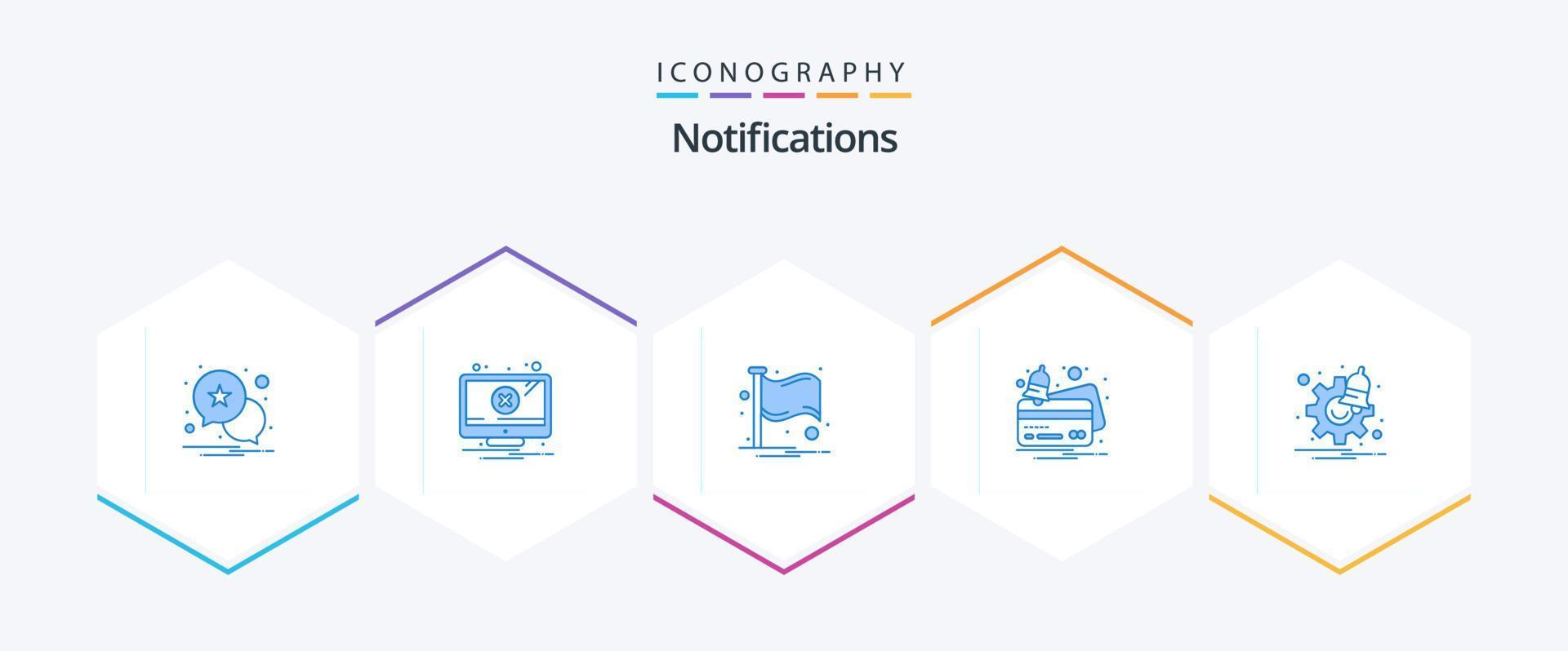 Notifications 25 Blue icon pack including settings. notification. flag. payment. credit vector