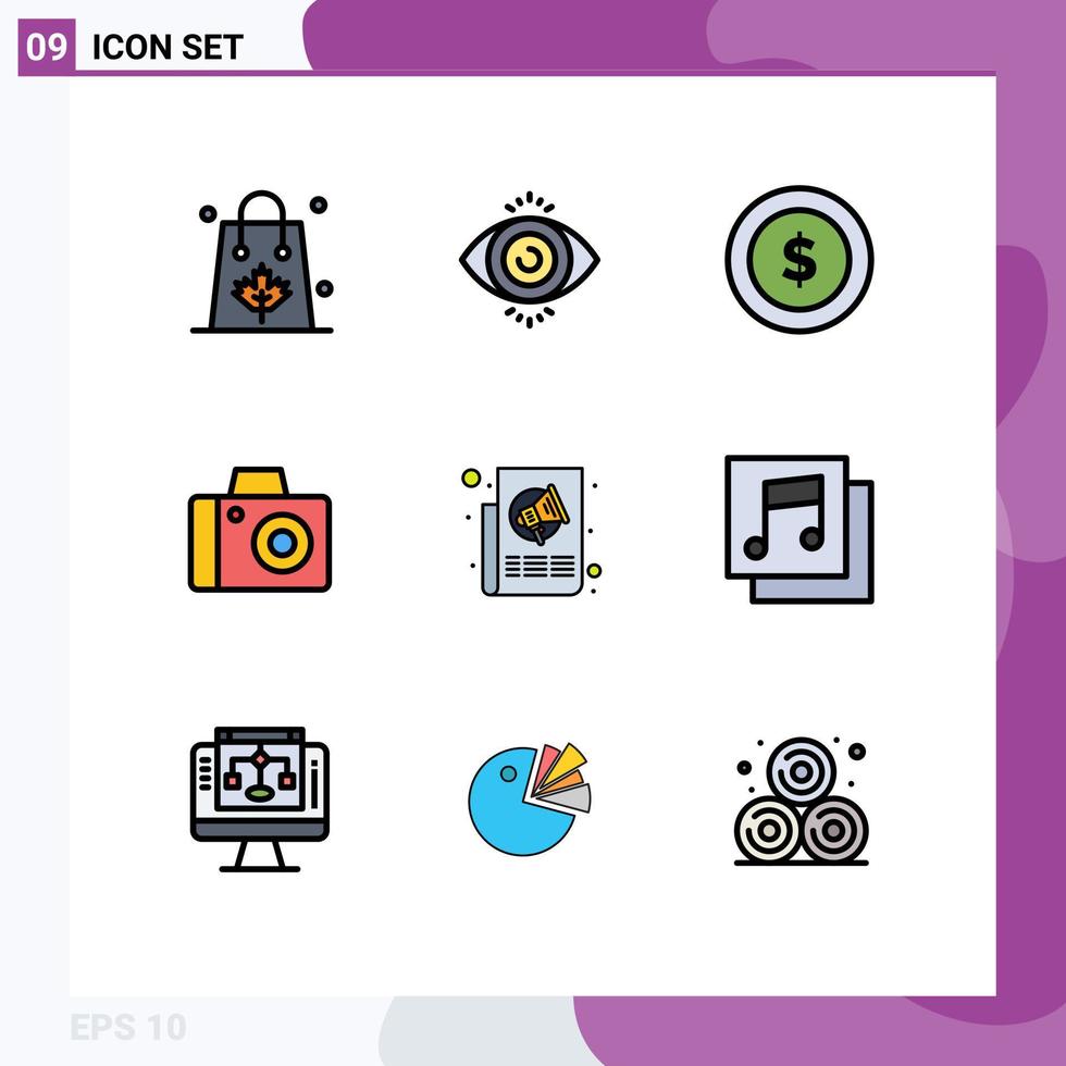 Filledline Flat Color Pack of 9 Universal Symbols of news ads award studio camera Editable Vector Design Elements