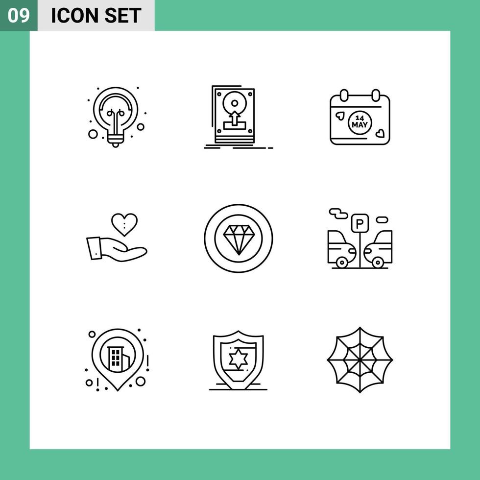 Pack of 9 creative Outlines of achievements hand upload giving charity Editable Vector Design Elements