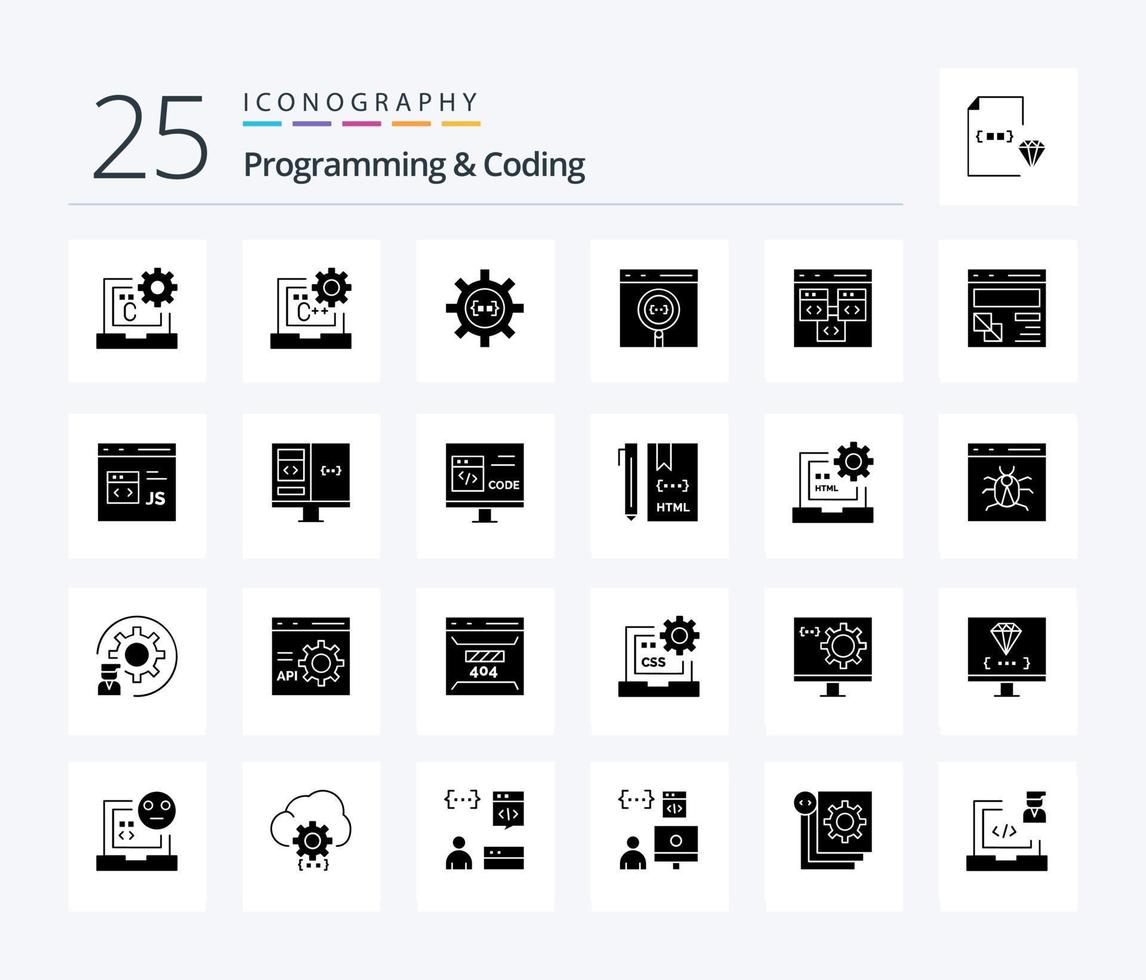 Programación y codificación de 25 paquetes de iconos de glifos sólidos, incluido el desarrollo. navegador. desarrollo. desarrollo. codificación vector