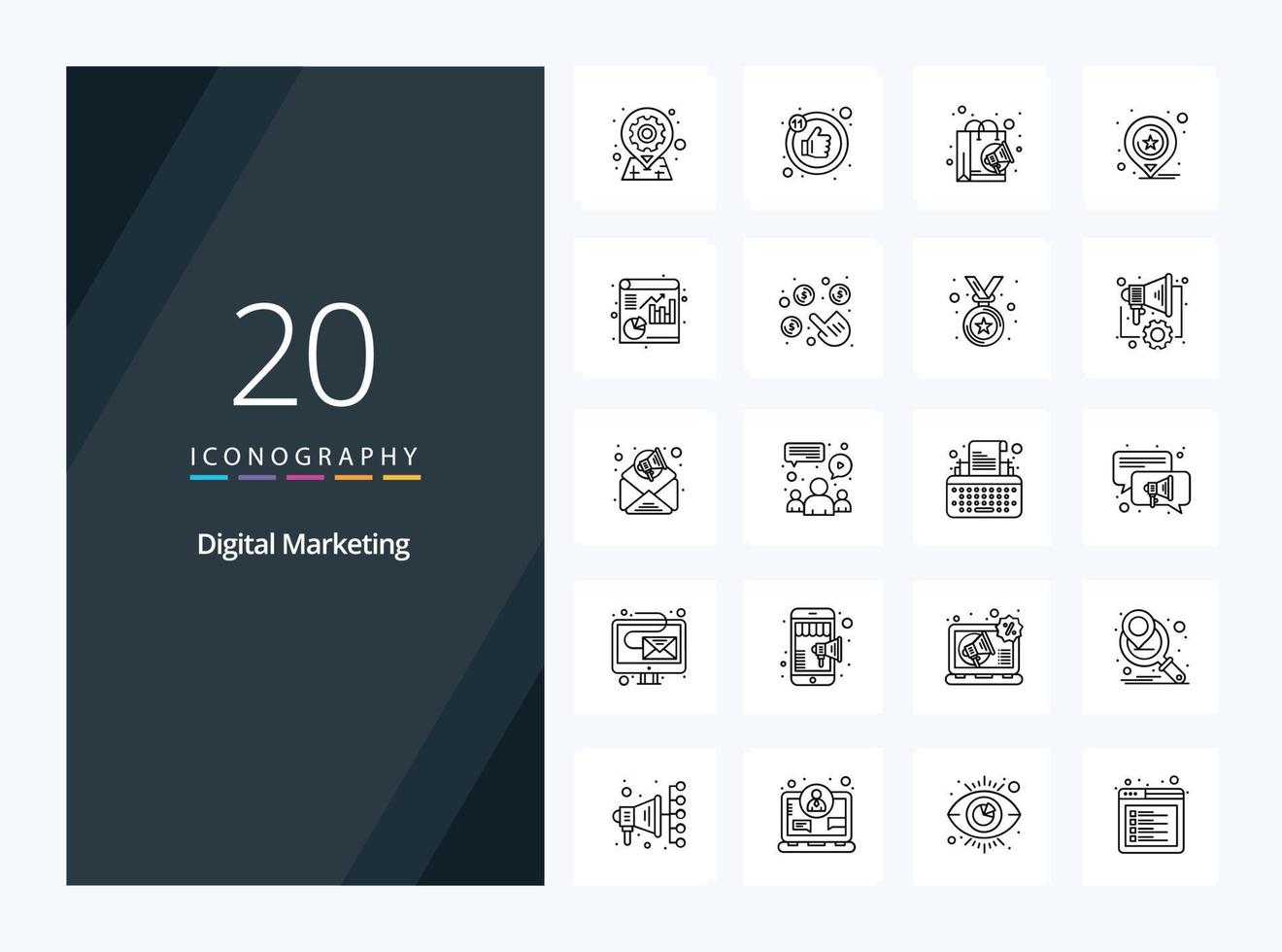 20 icono de esquema de marketing digital para presentación vector