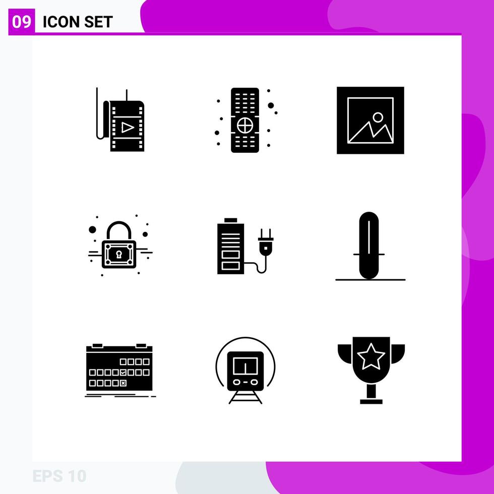 Solid Glyph Pack of 9 Universal Symbols of light saber power layout battery secure Editable Vector Design Elements