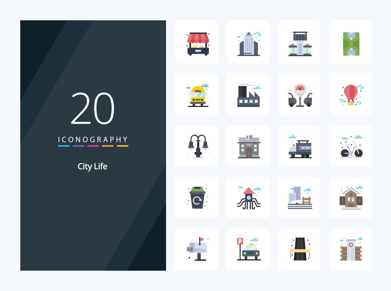 20 icono de color plano de la vida de la ciudad para la presentación vector