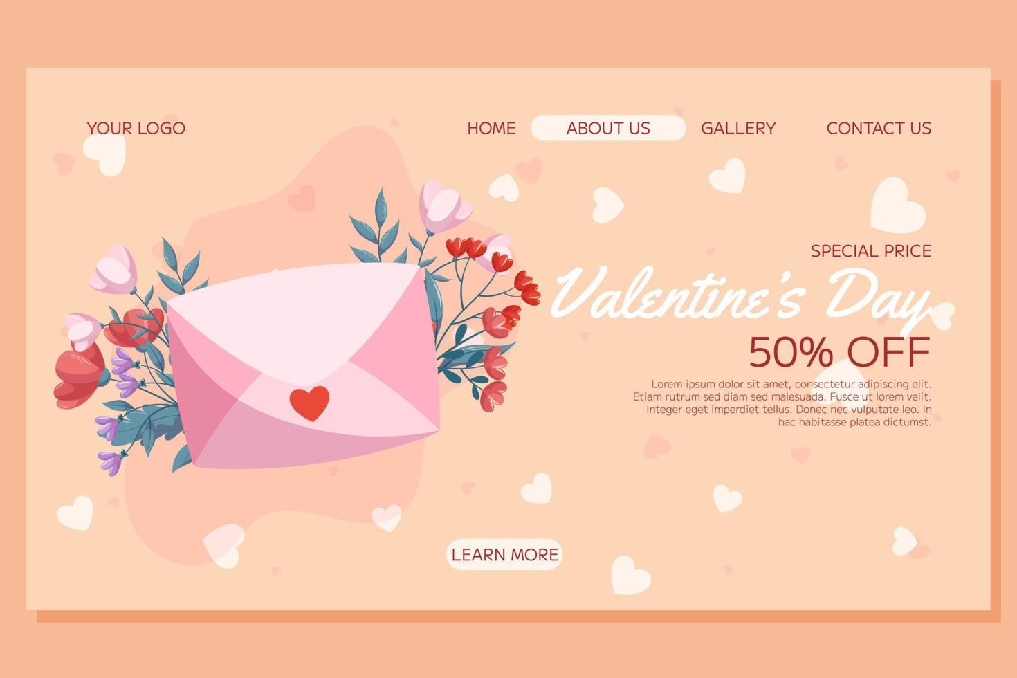 St. Valentine's Day Landing page template design. Pink closed envelop, red and pink flowers green leaves on beige backdrop. Special Price concept online shopping vector