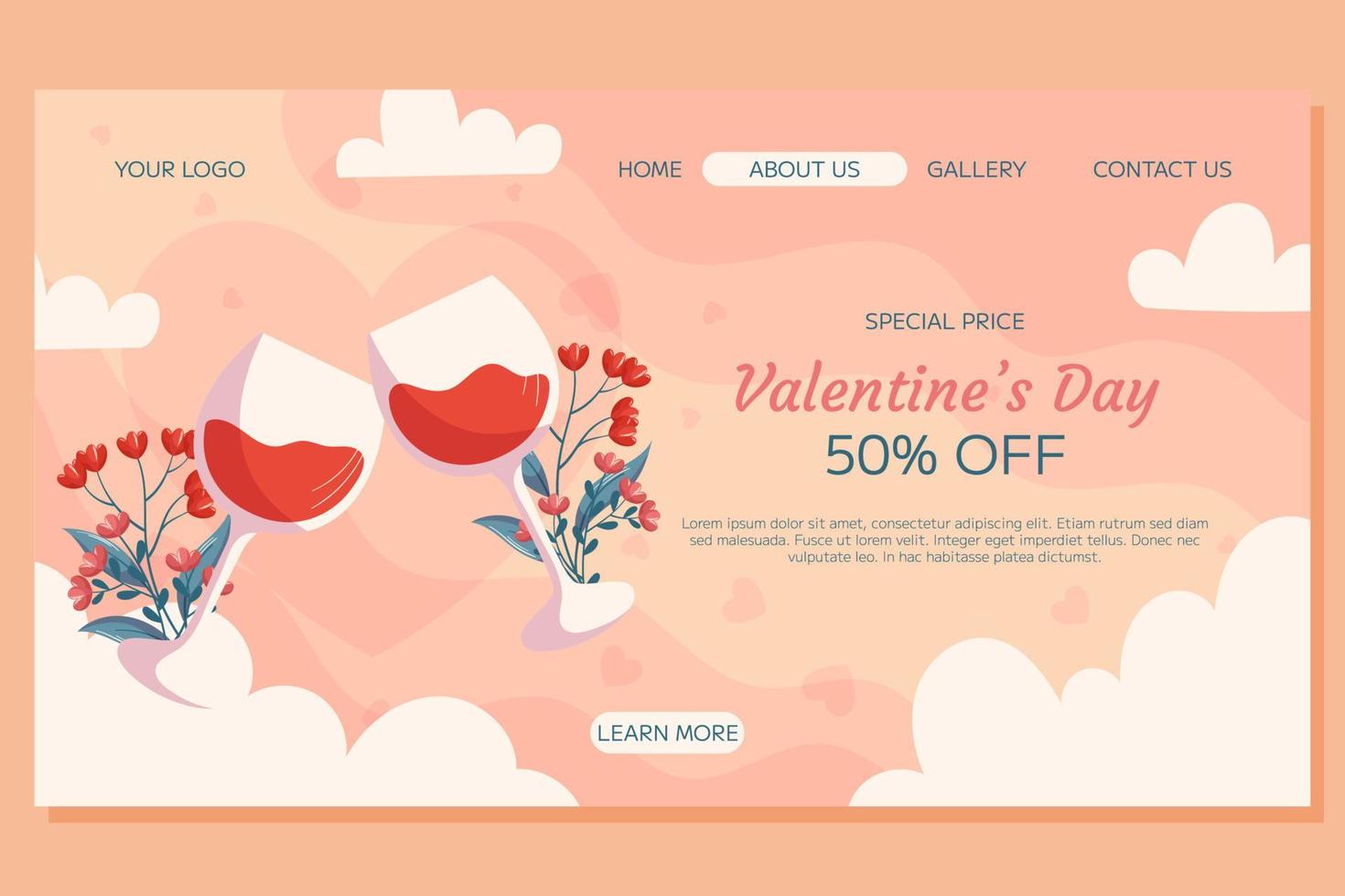 St. Valentine's Day Landing page template design. Two glass of wine with flowers behind it on beige back white clounds. Special Price concept online shopping vector