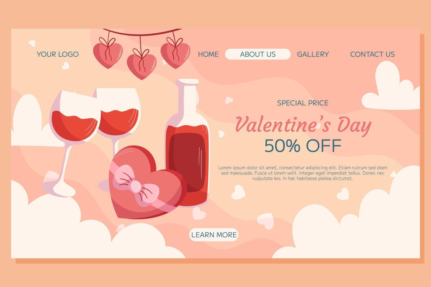 St. Valentine's Day Landing page template design. Bottle and two glass of wine, box with chocolatte in heart shape with ribbon, hearts garland on top. Special Price concept online shopping vector