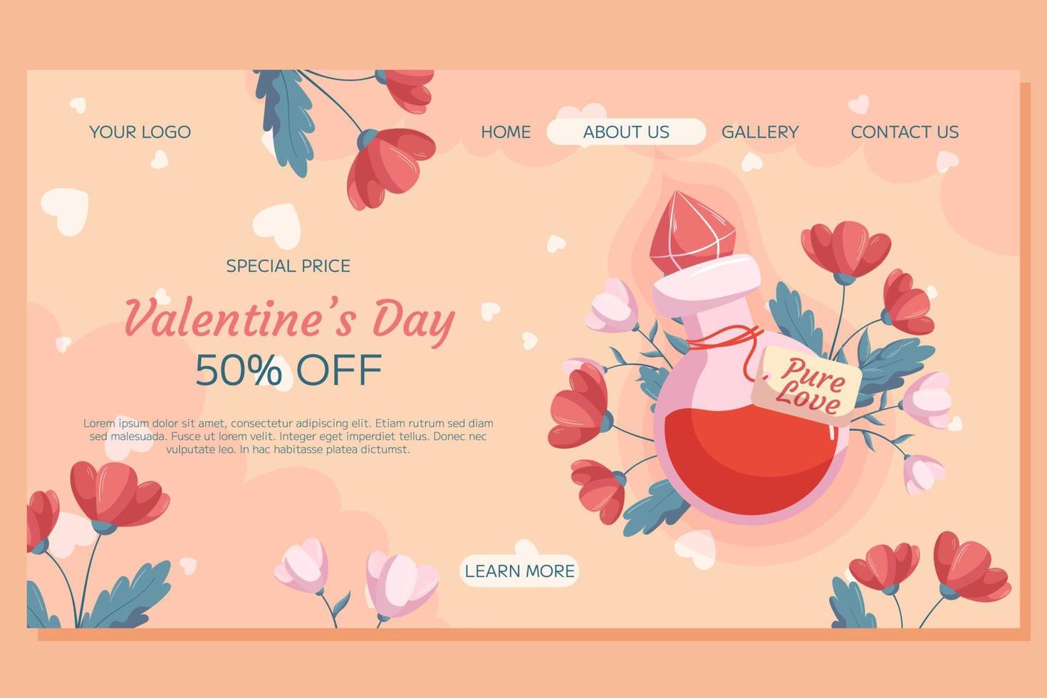 St. Valentine's Day Landing page template design. vector