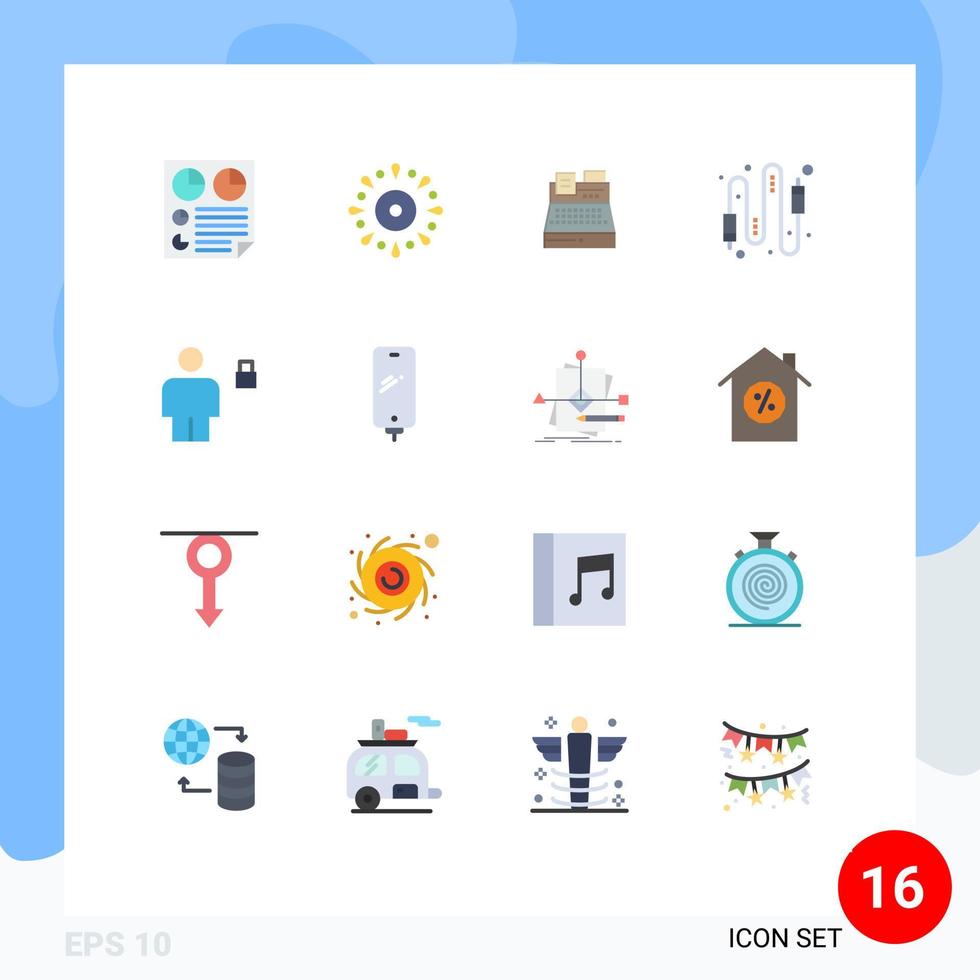 paquete de 16 signos y símbolos de colores planos modernos para medios de impresión web como cable de conexión impresora de audio de vacaciones paquete editable de elementos creativos de diseño de vectores