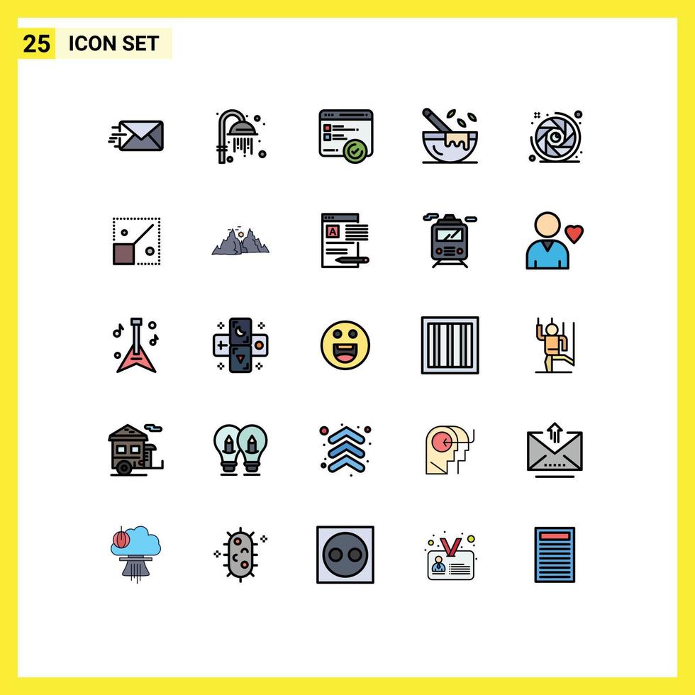 Group of 25 Modern Filled line Flat Colors Set for lens aperture camera lens testing camera kitchenware Editable Vector Design Elements