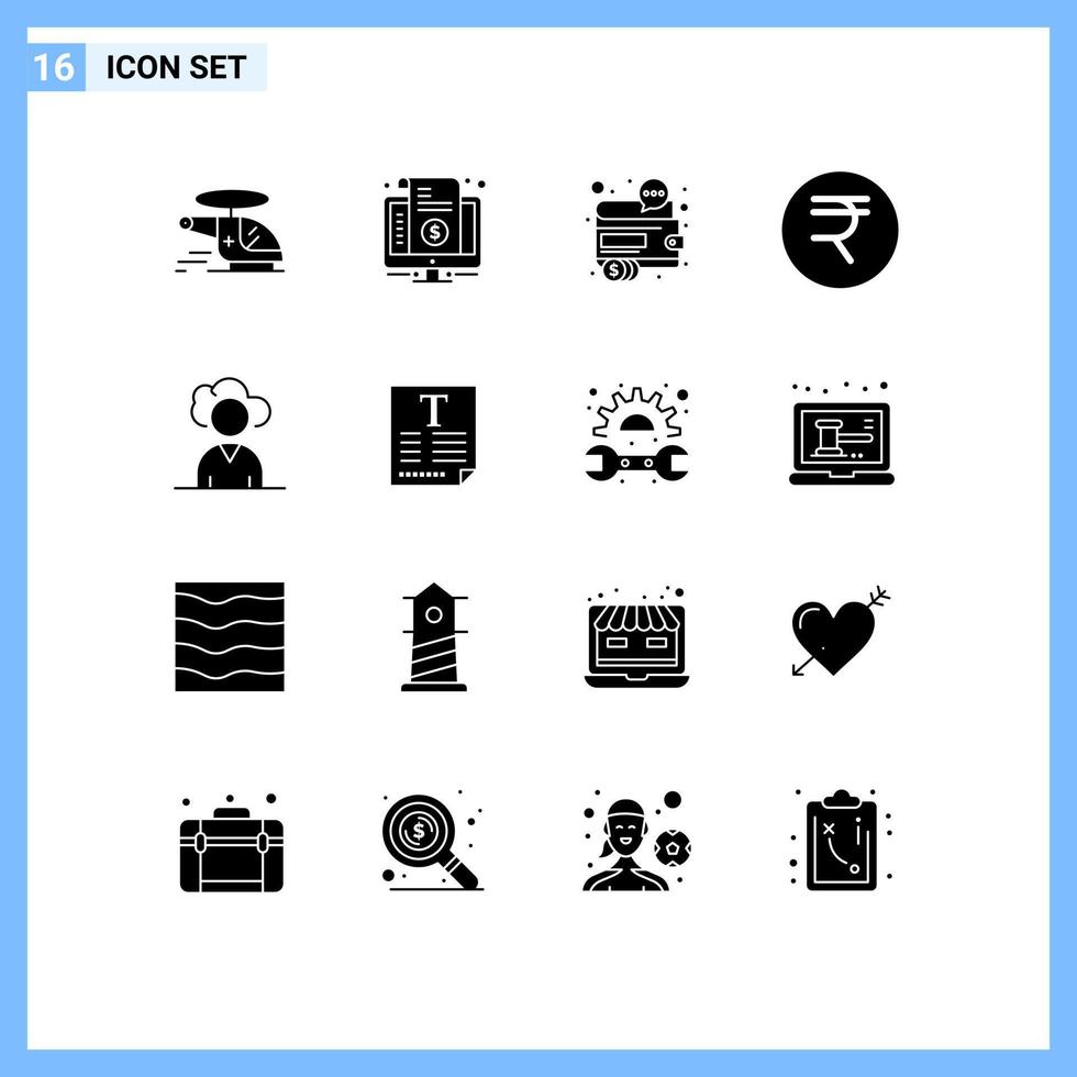 Mobile Interface Solid Glyph Set of 16 Pictograms of finance rupee price seo marketing Editable Vector Design Elements