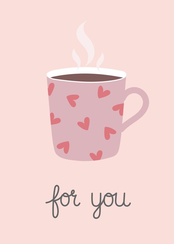 tarjeta de felicitación del día de san valentín. taza dibujada a mano con té o café. plantilla para tarjeta de felicitación, invitación, afiche, pancarta, etiqueta de regalo. vector