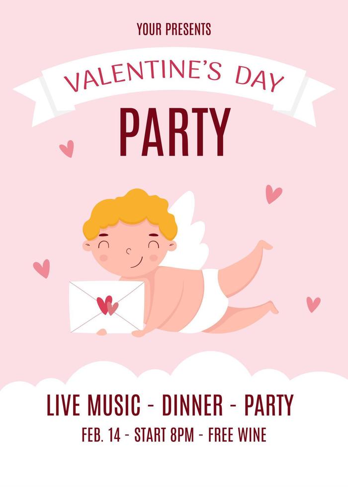 Valentine's Day party invitation. Cute cupid with envelope and hearts. Vector illustration