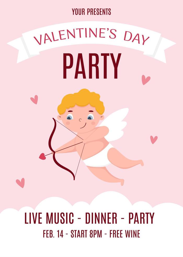 Valentine's Day party invitation. Cute cupid with bow and arrow. Vector illustration