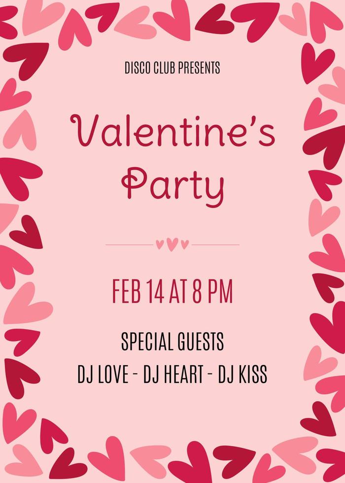Valentine's Day party invitation with hearts frame. Template for poster, banner, flyer vector